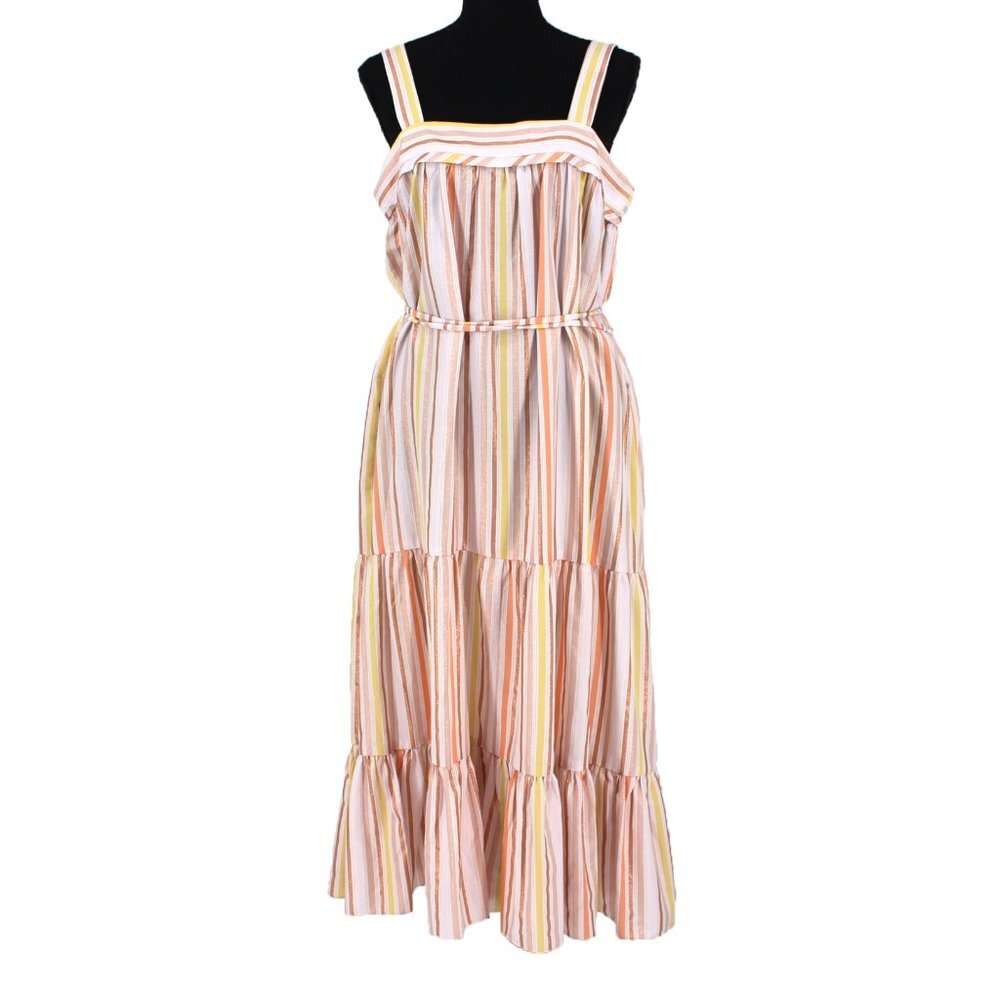 Lemlem Jima Sweepy Sundress Metallic Stripe Belted Tiered Midi Dress Medium NEW